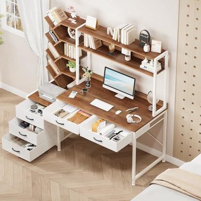 YOMILUVE 52" Computer Desk with Bookshelf, 5 Drawers ＆ Hutch for Bedroom | Office Desk with Printer Shelf, Study Writing Desk with Storage Shelves, Brown and White - color: Brown and White