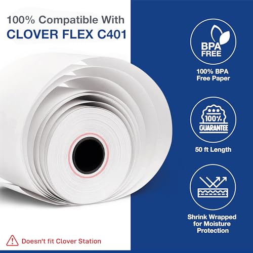 Thermal Paper Rolls Compatible for Clover Flex C401, C403, C405-30 Rolls | 2.25 inch x 50ft - BPA Free