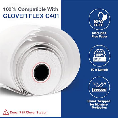 Thermal Paper Rolls Compatible for Clover Flex C401, C403, C405-30 Rolls | 2.25 inch x 50ft - BPA Free