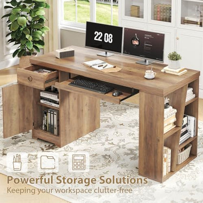 HSH 55" Computer Desk,Farmhouse Home Office Desk Keyboard Tray Rustic Oak | Executive Wood Work Study Writing Pc Table Studio Desks with Storage Drawers Wooden Workstation with Shelves and Cabinet - color: Rustic Oak