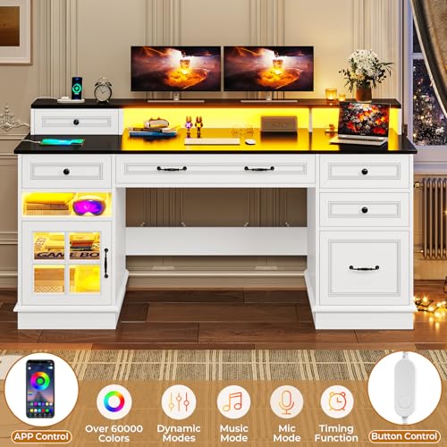 BTHFST 59.1" Executive Desk with File Drawer, Charging Station, White - color: White and Black