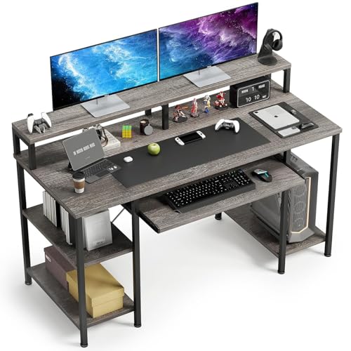VERMESS Computer Desk- 48 Inch Home Office Desk with Keyboard Tray, 47" Gaming Desk with Full Monitor Stand & Storage Shelves & CPU Stand, Modern Study Writing Table with Shelf for Storage, Gray Oak - color: Gray Oak