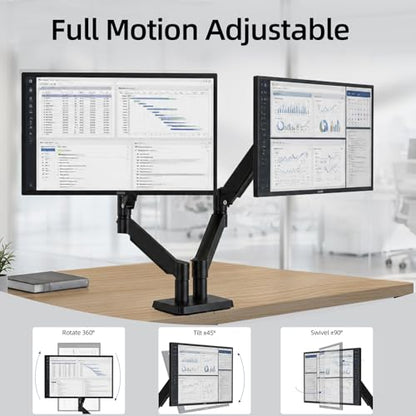 Heavy Duty Dual Monitor Arm Desk Mount Gas Spring for 13-32 Inch Screens | Full Motion Dual Monitor Stand, VESA 75x75/100x100, 4.4-19.8 lbs Capacity Per Arm, C-Clamp and Grommet Mount - size: Dual Arm