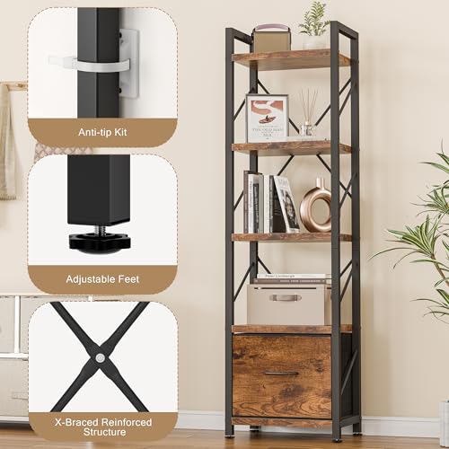 Shintenchi Bookshelf, 5 Tier Bookcase with Drawer, Modern Tall Bookshelves Storage Organizer, Industrial Book Shelves for Bedroom, Living Room, Office, Rustic Brown - size: 15.5'' W x 10.7'' D x 56.1'' H-1 Drawer