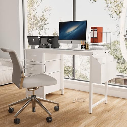 47.3" Office Desk with Power Outlet & 3 Drawers - Sturdy Reversible Frame, Side Pocket, Easy Assembly - Home/Office Computer Desk, Gaming Table, Vanity Table (White + MDF+Metal + Modern) - color: White + Mdf+metal + Modern