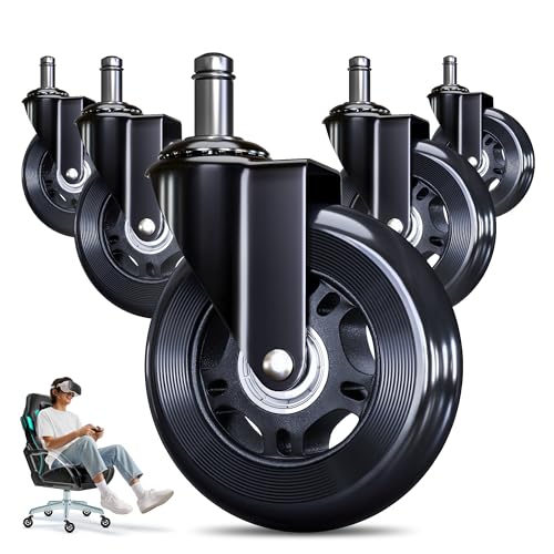 Office Chair Wheels Replacement - 3″ Heavy Duty Caster Wheels for Gaming & Work, Smooth Rolling, Safe for Hard Floors and Low Carpets, Universal Fit (Set of 5, Black) - color: Black - 5 pcs