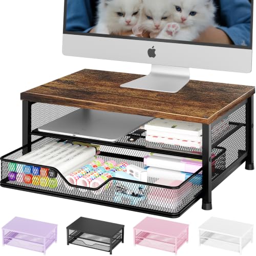OPNICE Computer Monitor Stand Riser, Desk Organizer with Drawer, Printer & Laptop Stand, Office Desk Accessories & Workspace Desktop Organizers Storage for Office Supplies(Brown) - color: Brown, size: 14 x 9.1 x 5.6