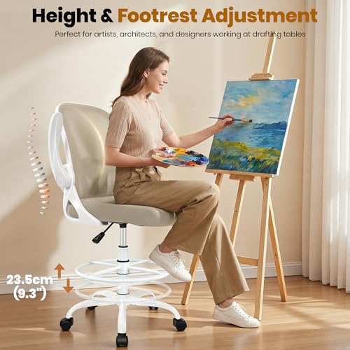 Drafting Chair Tall Office Chair with Flip-up Armrests Executive Ergonomic Computer Standing Desk Chair with Lumbar Support and Adjustable Footrest Ring（Khaki） - color: Khaki, size: 934-Z