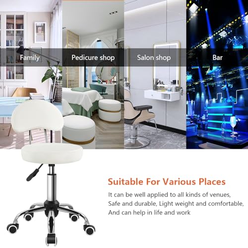 KKTONER Rolling Stool with Mid Back Height Adjustable Chair PU Leather Swivel Chair with Wheels for Office Home Task Drafting (White) - color: White