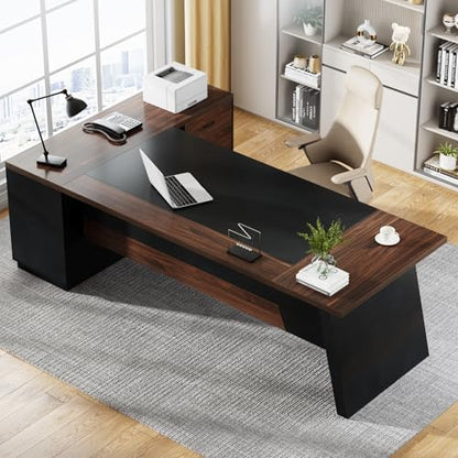Tribesigns 78" L-Shaped Executive Desk, Large Office Desk with Drawers and File Cabinet, Modern Business Furniture for Home Office (Walnut & Black) - color: Walnut & Black