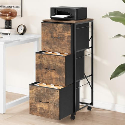 VINGLI 3 Drawer File Cabinet 34.8” Height, Rolling File Cabinet Mobile Tall File Cabinet with Wheels, Fabric Drawers Printer Stand for Home Office, Fits Letter Size, Rustic Brown - color: Rustic Brown, size: High 3 Drawers