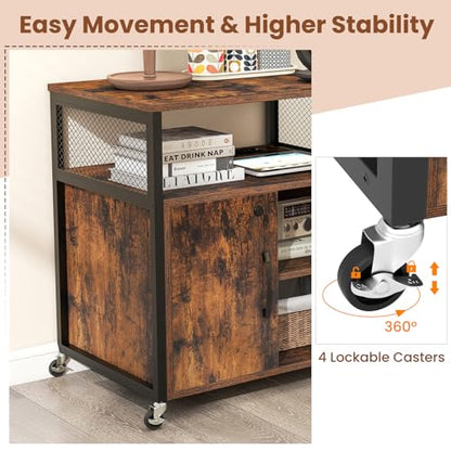 Rolling File Cabinet, Printer Stand with Charging Station (Brown) | Mobile Lateral Filing Cabinet | Adjustable Shelf & Metal Frame | Lockable Wheels | For Home Office & Small Space - color: Brown