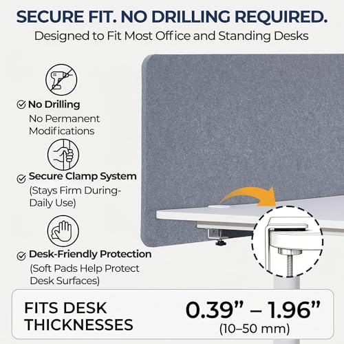Desk Privacy Panel, Gray Clamp-On Divider for Office & Home | No-Drill Clamp Mount,Under Desk,Polyester,Cable Routing Clearance,Pin-Friendly Felt Surface,48" x 18"