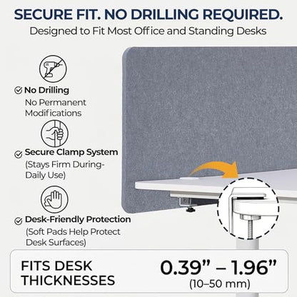 Desk Privacy Panel, Gray Clamp-On Divider for Office & Home | No-Drill Clamp Mount,Under Desk,Polyester,Cable Routing Clearance,Pin-Friendly Felt Surface,48" x 18"