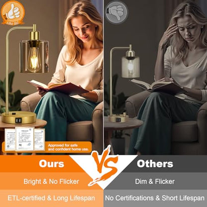 Set of 2 Industrial Touch Control Table Lamps with 2 USB Ports and AC Outlet - 3-Way Dimmable Gold Bedside Lamp Nightstand Desk Lamps for Bedroom Living Room, Amber Glass Shade & 2 LED Bulbs Included - color: Gold(2 pack)-Amber Glass-Touch Control