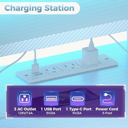 52" Reversible Gaming Desk with LED Lights Power Outlets, White | Computer Desk with Drawers Can be Used to Store Odds and Handles, Elevated PC Stand To Help You Showcase Your DIY Cases. - color: White, size: 53 In