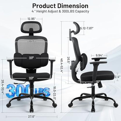 Ergonomic Office Desk Chair, High Back Breathable Mesh Computer Chair, 3D Lumbar Support, 2D Headrest & 3D Armrests, 300lbs Heavy Duty Task Chair for Home Office Work Gaming, Black - color: Black