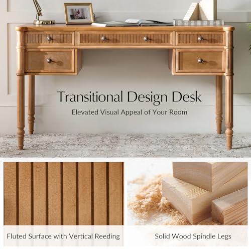 HULALA HOME 55 Inches Fluted Writing Desk with Charging Station, Teak - color: Teak