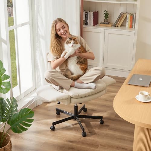 Bestier Criss Cross Office Chair with Flip-Up Arms, Beige Velvet Desk Chair | Swivel Makeup Vanity Chair with Wheels 2 Side Pockets, Cross Legged Office Chair for Home Office Bedroom Gaming - color: Beige Velvet, size: Low Back
