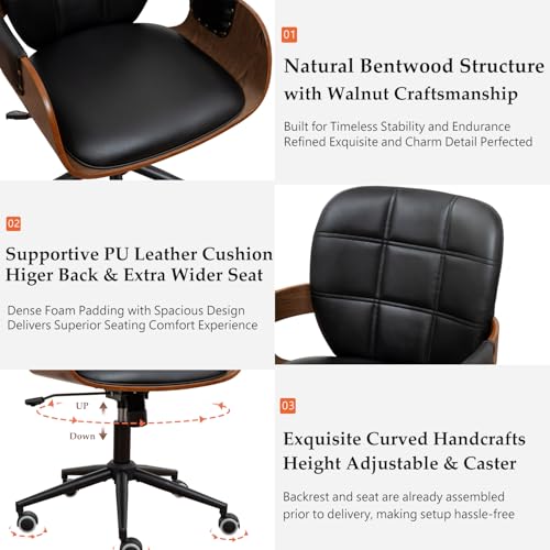 Conference Table Chair with Walnut Finish,Mid Century Modern Office Chair | Ergonomic Curved Back, Bentwood Frame, 360° Swivel & Rocking Function, Height Adjustable 19"-23", Support Up to 350lbs - color: Walnut Black