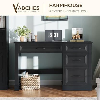 Vabches Farmhouse 47" Executive Desk with A File Drawer, Pure Black - color: Pure Black, size: Style 3