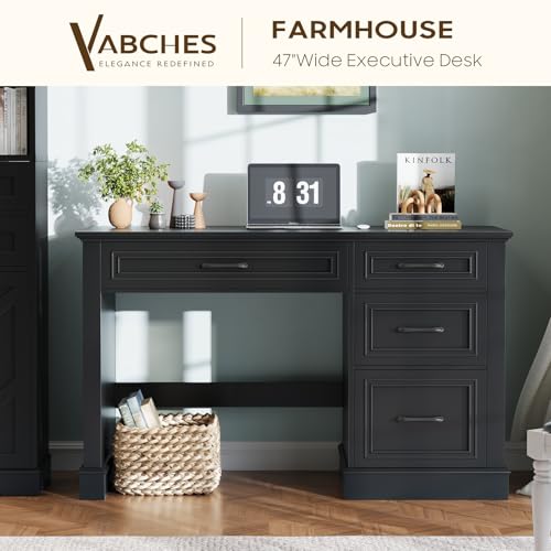 Vabches Farmhouse 47" Executive Desk with File Drawer (Pure Black - color: Pure Black, size: Style 4
