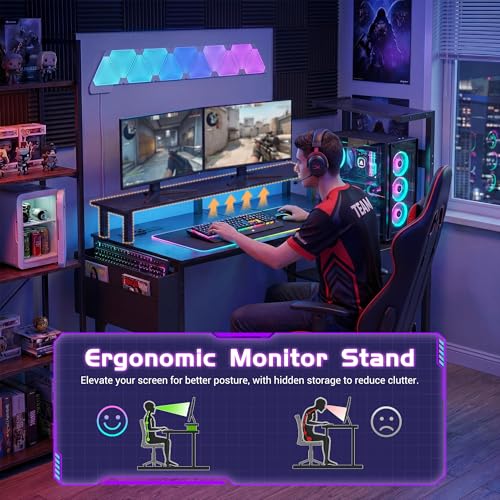 Apicizon 47 Inch Gaming Desk with LED Setup Style, Computer Desk with Storage Shelves & Monitor Stand, Reversible Workstation for Small Space, Home Office Desk with Side Pocket - size: 47inch