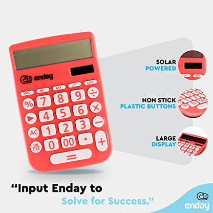 Enday Solar Powered Large Display 12 Digit Red Basic Calculator - Perfect for Office & School - color: RED