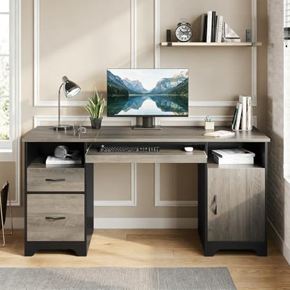 Bestier 59" Executive Desk, File Drawer, Keyboard Tray & 2 Drawers, Gray | File Drawer For Letter/A4/Legal Folders, 2 Storage Drawers, Keyboard Tray, Cable Management, 200 LBS Capacity, Wood Finish - color: Gray&black