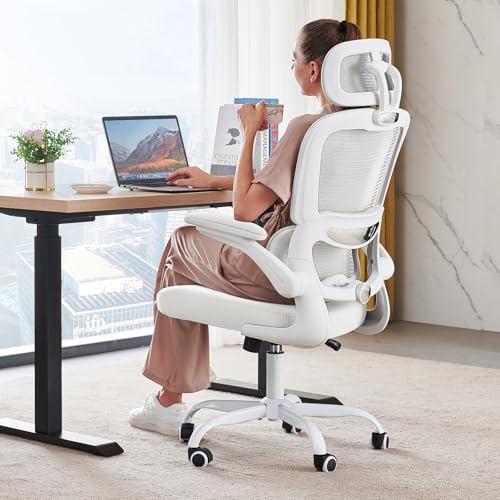 TRALT Office Chair Ergonomic Desk Chair - Gaming Chair with Lumbar Support | 330 LBS Home Office Desk Chairs with Headrest, Reading Chair with Flip-up Armrests, Comfortable Computer Chairs (1, White) - color: White White