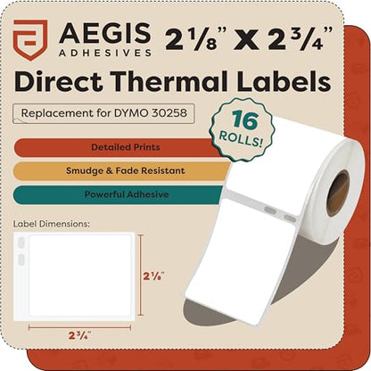 Replacement for DYMO 30258 (16 Rolls, 6400 Labels) 2 1/8" X 2 3/4" | Direct Thermal Barcode and Address Labels - Compatible With LabelWriter 450, 450 Turbo, 4XL (NOT 550, 5XL) - Aegis Adhesives - size: 2-1/8" X 2-3/4" - 30258