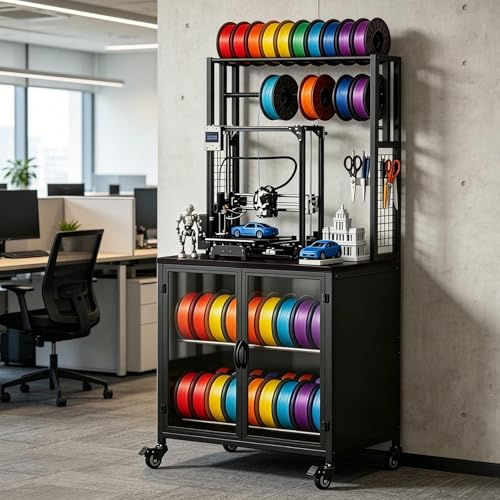 3D Printer Stand with Filament Storage, Heavy Duty 29.5" Printer Table Cart with Cabinet, Dustproof & Moisture-Proof Rolling Stand with 360° Wheels for Workshop, Studio, Office, Black