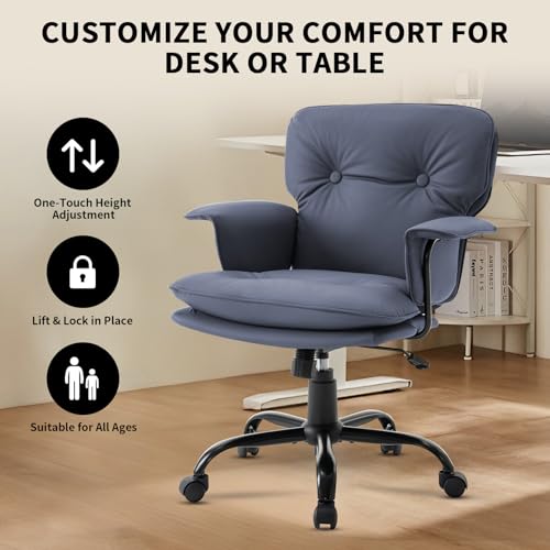 Small Desk Chair with Arms & Wheels, 360° Swivel Adjustable Vanity Chair with Wheels, Compact Rolling Task Chair for Home Office, Bedroom, Study，Dressing Table - color: Blue-1
