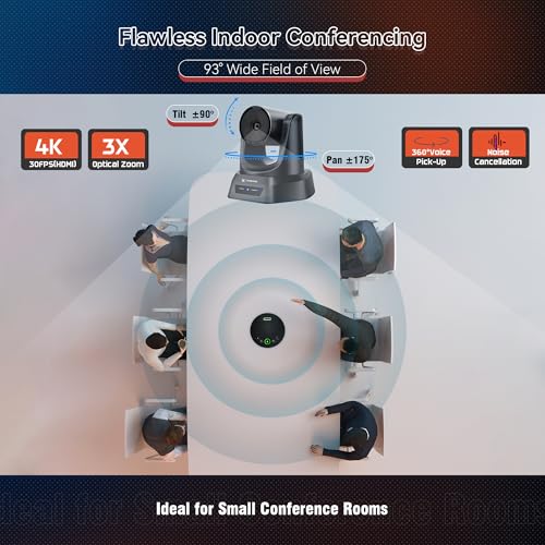 TONGVEO Conference Room Camera System 4K UHD 3X Optical Zoom 93° Ultra-Wide FoV USB3.0 PTZ Camera and Wireless Bluetooth Speakerphone with Microphones, Works with Zoom, OBS, Skype, Teams and More - color: Space