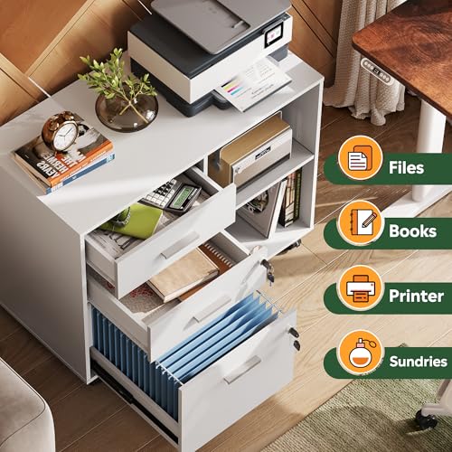 DEVAISE 3-Drawer File Cabinet with Lock, Mobile Wood Filing Cabinet, White | Rolling Printer Stand, Office Cabinet, Open Storage Shelves, Letter & A4 Compatible, Home Office, Under Desk Storage - color: White