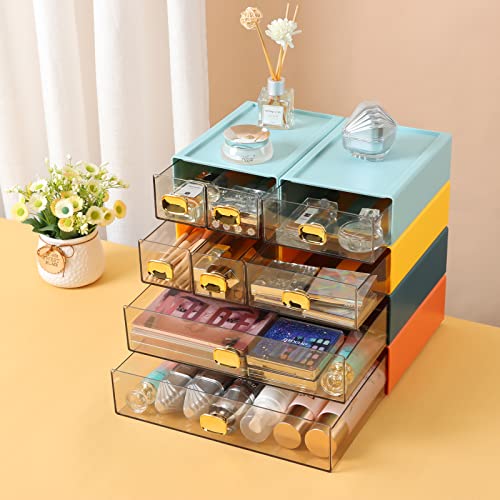 Desktop Storage Drawers, Stackable Countertop Organizer with Drawers - color: 2 Middle Drawers, CYAN