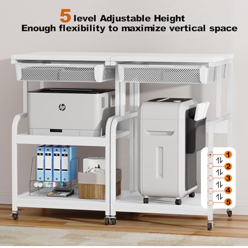 Large Printer Stand with Drawer, 3-Tier Industrial Rolling Cart | 5 Adjustable Shelves, Mobile Printer Table for Desk & Home Office, Fits 3D Printer, Scanner and Fax Machine White - color: White, size: Large(19.7"L X 15.7"W X 32.2"H)