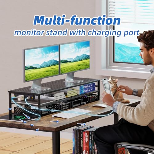 Simple Trending 2-Tier Metal Dual Monitor Stand with USB & 2 Drawers, Black | 32"W x 10"D x 7"H. USB 2.0 + charging port. 2 drawers. Mesh cooling vents. Holds 100 lbs. Non-slip base. Cable ties included.
