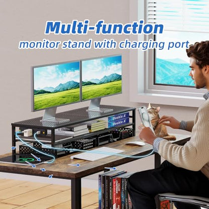 Simple Trending 2-Tier Metal Dual Monitor Stand with USB & 2 Drawers, Black | 32"W x 10"D x 7"H. USB 2.0 + charging port. 2 drawers. Mesh cooling vents. Holds 100 lbs. Non-slip base. Cable ties included.
