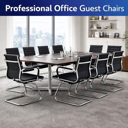 Conference Room Chairs Set of 6, Waiting Room Chairs with Arms, Faux Leather Reception Chairs No Wheels, Office Guest Chairs with Mid Back Support and Chrome Sled Base, Black - color: Black, size: 6PCS