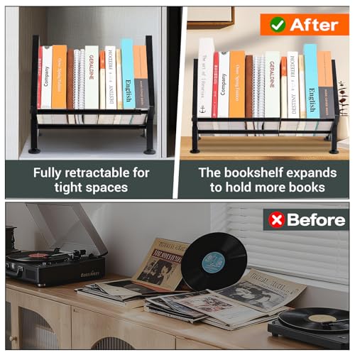 Expandable Desktop Bookshelf Organizer, Metal Small Tabletop Book Rack (1, Black-1) - color: Black-1