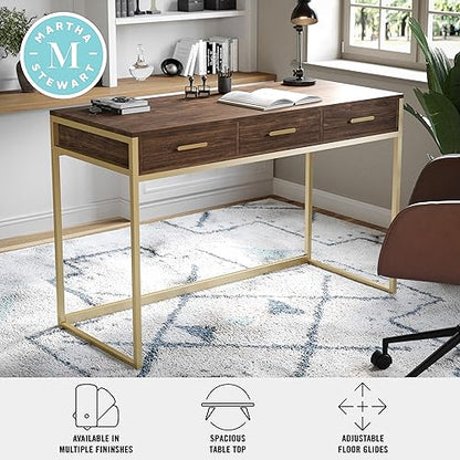 Martha Stewart Ollie Home Office Desk with 3 Drawers in Walnut Wood Grain with Polished Brass Hardware - color: Walnut Top/Polished Brass Frame