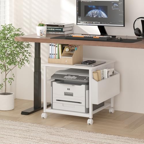 Lerliuo White Large Printer Stand with Storage | 23.6" W x 23.6" D x 22.8" H Printer Table for Home Office, Rolling Printer Cart Holder with Lockable Wheels & Side Pocket - color: White