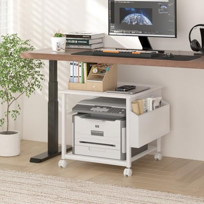 Lerliuo White Large Printer Stand with Storage | 23.6" W x 23.6" D x 22.8" H Printer Table for Home Office, Rolling Printer Cart Holder with Lockable Wheels & Side Pocket - color: White