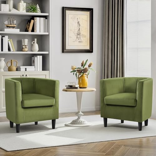 Yaheetech Barrel Accent Chairs Set of 2, Modern Armchairs, Olive Green | Soft Velvet Chair with High-Density Foam Seat, Upholstered Barrel Sofa Chair for Living Room Bedroom Waiting Room - color: Olive Green, size: Set of 2