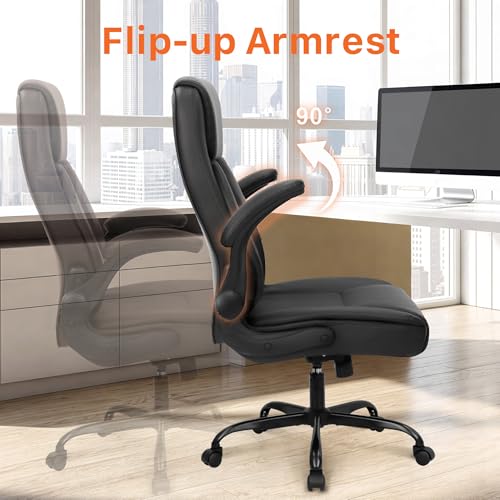 NEO CHAIR Office Desk Chair, High Back PU Leather with Flip-up Arms, Black | Ergonomic Tall Computer Desk Chair Comfy, Height Adjustable, Swivel Rolling Wheels for Office Home Gaming Study - color: Black