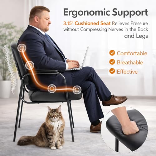 Office Reception Guest Chairs, Ergonomic Leather, Set of 2 | Waiting rooms, conference spaces, clinics, padded armrests, metal frame, no wheels, adults, home office, easy assembly - color: Inky, size: Set of 2