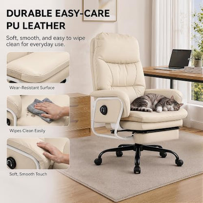 180° Reclining Office Chair with Footrest, PU Leather, Beige - color: Beige