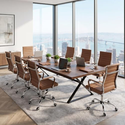 Okeysen Brown Conference Room Chairs, Modern Ergonomic PU Leather Office Desk Chair Ribbed for Office, High Back Executive Swivel Rolling Task Chair for Home - color: Brown