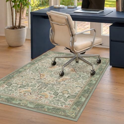 Sage Green Botanical Office Chair Mat for Hardwood Floors, 36" x 48" Decorative Desk Chair Rug, Vintage Low Pile Washable Carpet for Home Office, Non Slip Backing, Floor Protector for Rolling Chairs - color: Bird - Sage Green, size: 3' x 4'